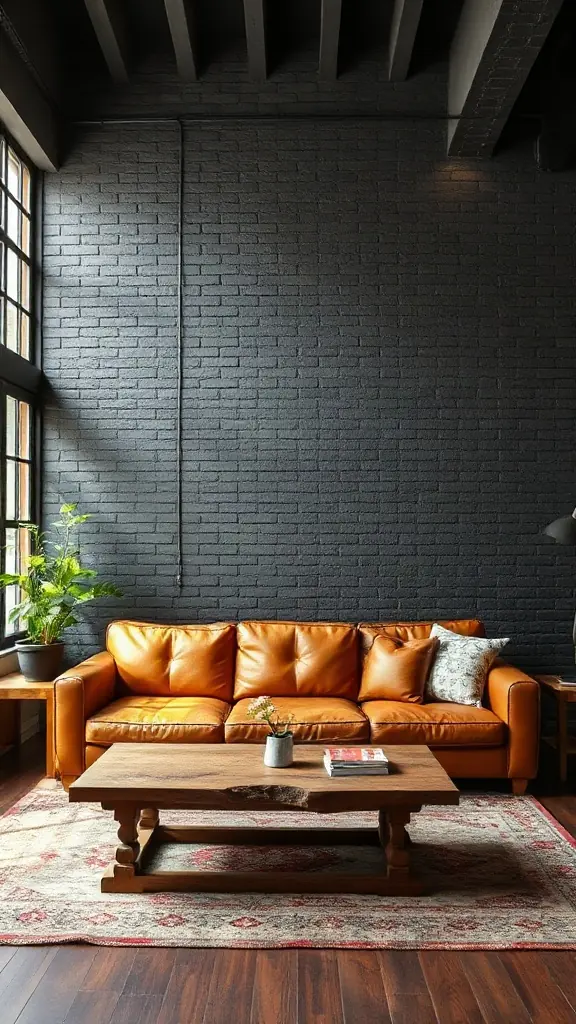Painted Exposed Brick Wall Painted matte black exposed brick wall in an industrial loft living room setup with cognac leather couch