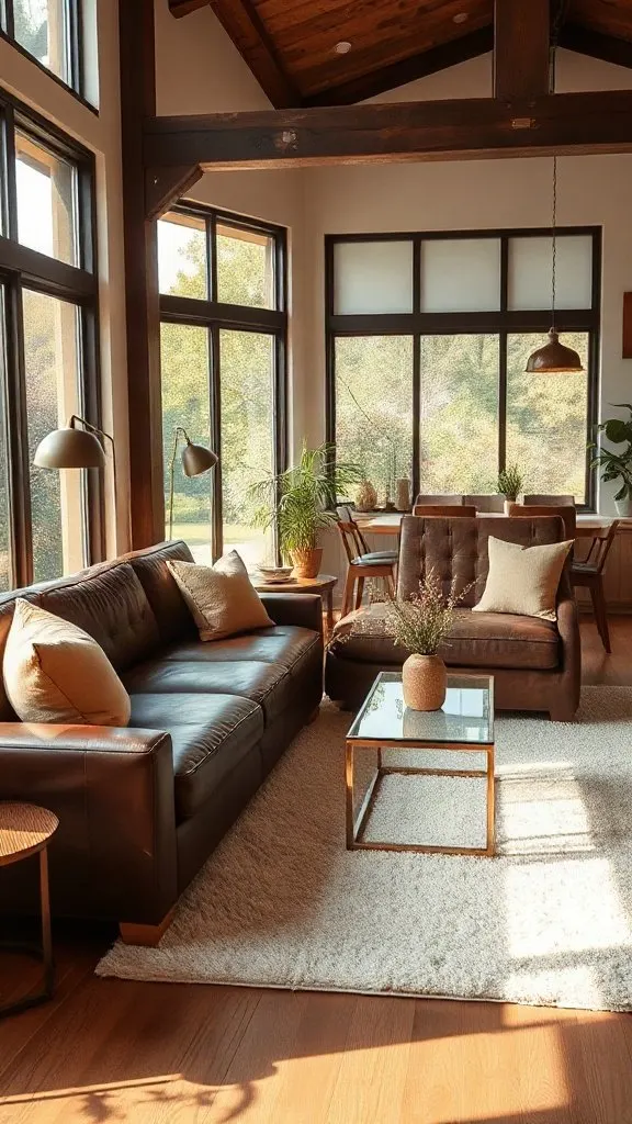 brown living room ideas with warm neutral beige walls and brown leather sofa