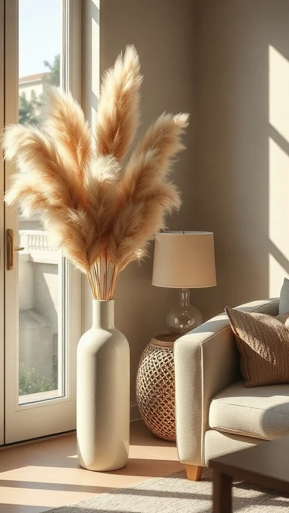 The Whispering Pampas Grass Corner Tall ceramic vase filled with fluffy beige pampas grass standing in a sun-drenched living room corner.