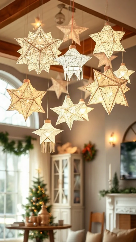 Cluster of delicate white paper star lanterns hanging at varied heights from a cozy living room ceiling.