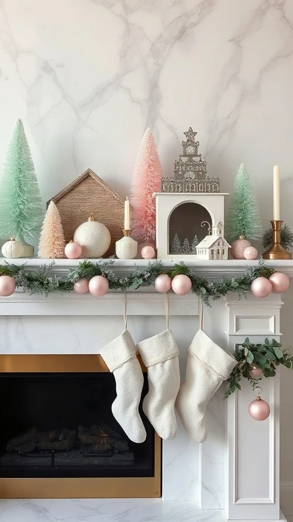 White marble fireplace mantel styled with mint green bottlebrush trees and soft blush holiday decorations.
