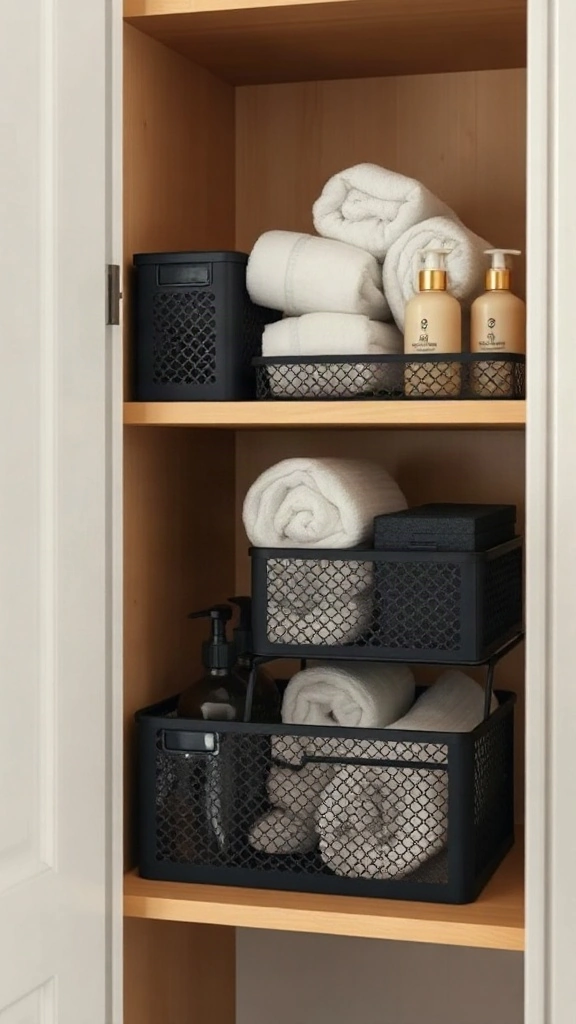 Perforated Metal Sliding Bin Inserts Deep linen closet shelf outfitted with matte black perforated metal sliding bin inserts holding rolled towels.
