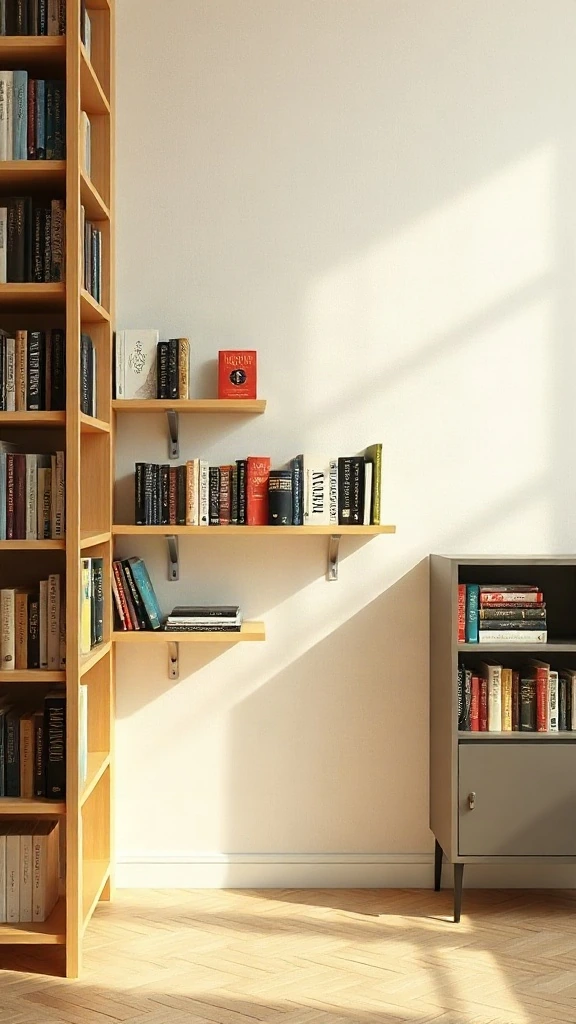Picture-Rail Forward-Facing Wall Display Shallow picture rail ledges holding books forward-facing like art against white wall.