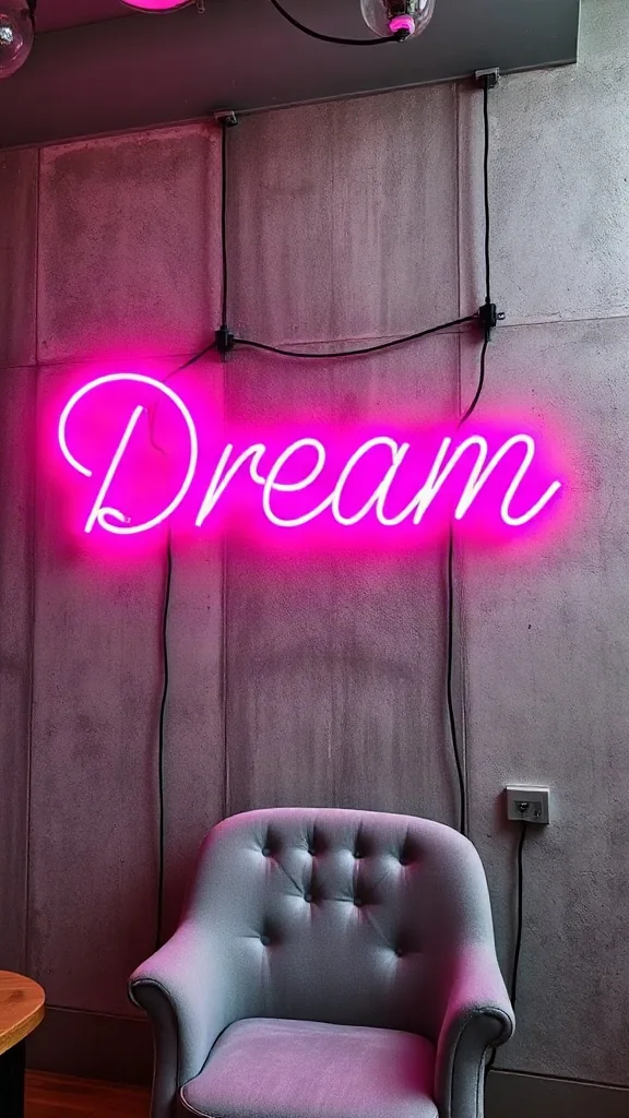 Custom pink neon Dream sign mounted on an exposed brick wall above a velvet chair.