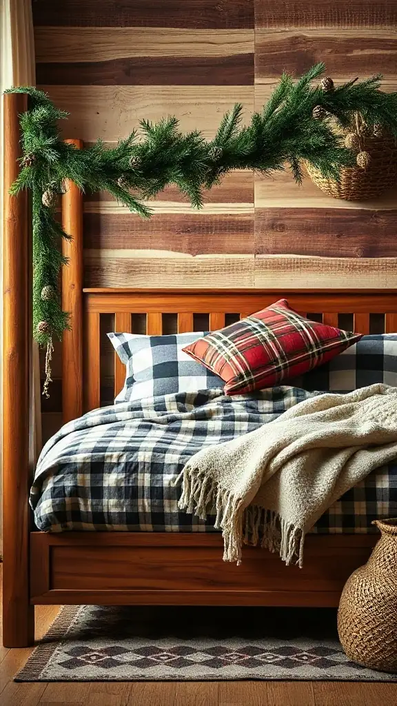 Wooden headboard draped with pinecone garland above a cozy bed dressed in plaid flannel and a chunky knit throw.