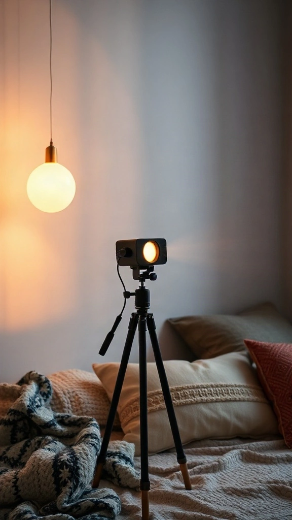 Portable projector on a tripod aimed at a white wall with cozy blankets nearby.