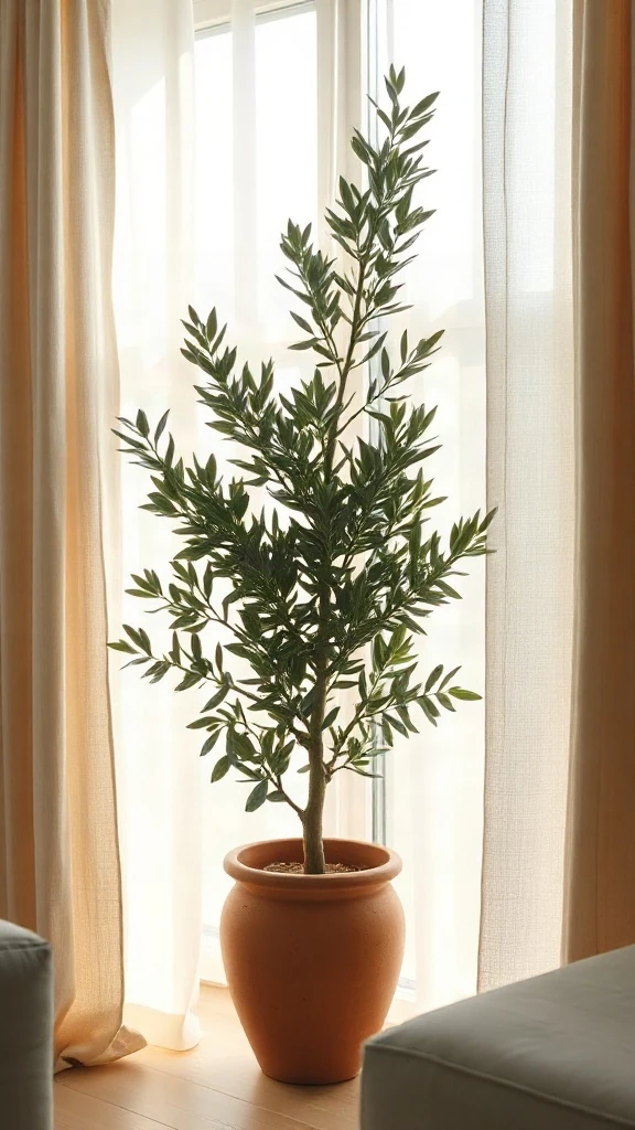 The Mediterranean Olive Tree Oasis Tall olive tree in a rustic terracotta planter positioned by sheer white curtains in a boho room.