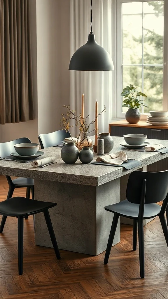 Poured concrete dining table set with artisanal ceramic dinnerware, linen napkins, and black chairs