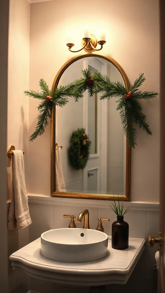 Petite powder room featuring an arched brass mirror decorated with a fresh cedar sprig swag and beeswax candle.
