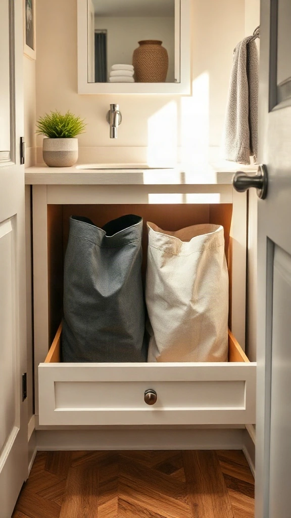 Built-In Pull-Out Hamper Drawer with Dual Sorters Custom lower vanity cabinet drawer pulling out to reveal two canvas laundry bags for darks and lights.