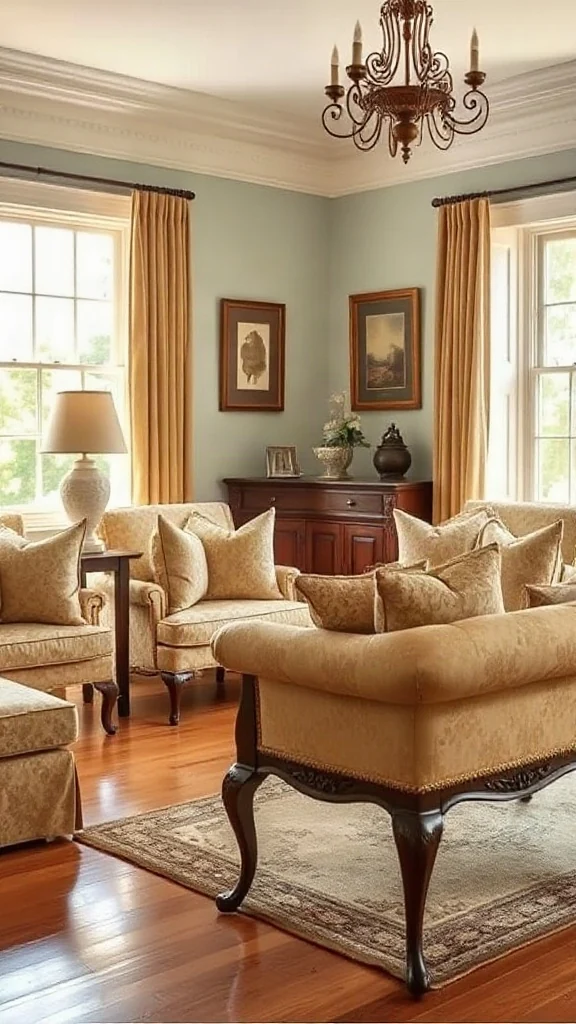 Queen Anne Walnut Sofa Set with Pad Feet Traditional living room set featuring a classic Queen Anne suite with signature cabriole legs and pad feet.