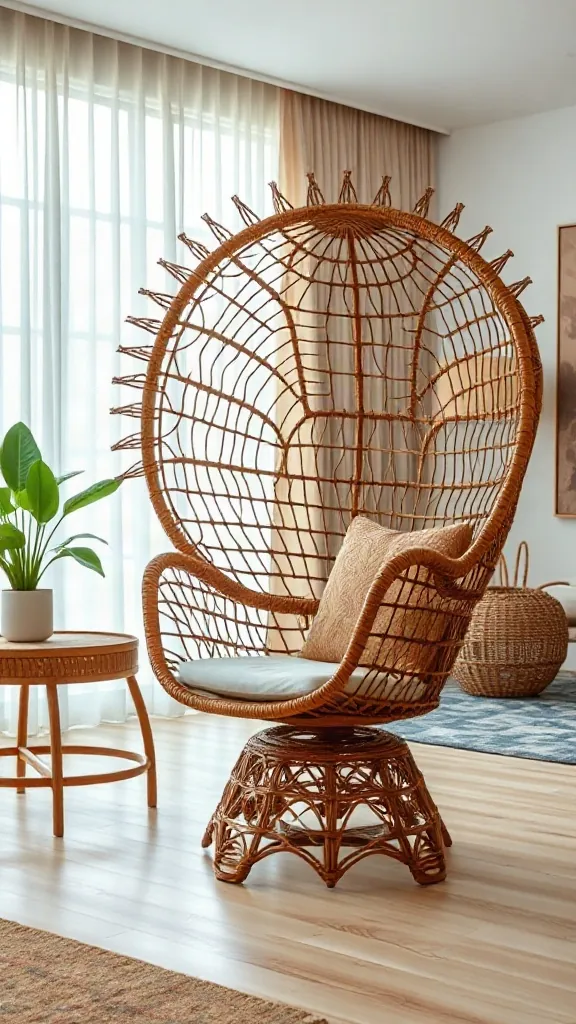 Rattan Statement Furniture Intricate rattan peacock chair and side table near light oak flooring and sunlit sheer window curtains.