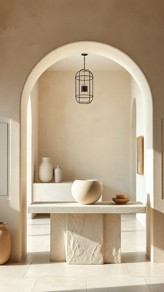 Lime plaster arched hallway framing a sculptural monolithic travertine console table in a foyer.