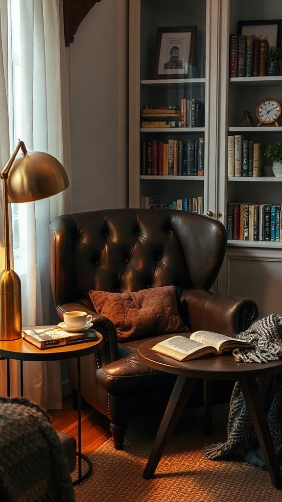 A cozy reading nook featuring a classic dark brown leather armchair paired with a small side table, warm lighting, and a soft throw blanket.