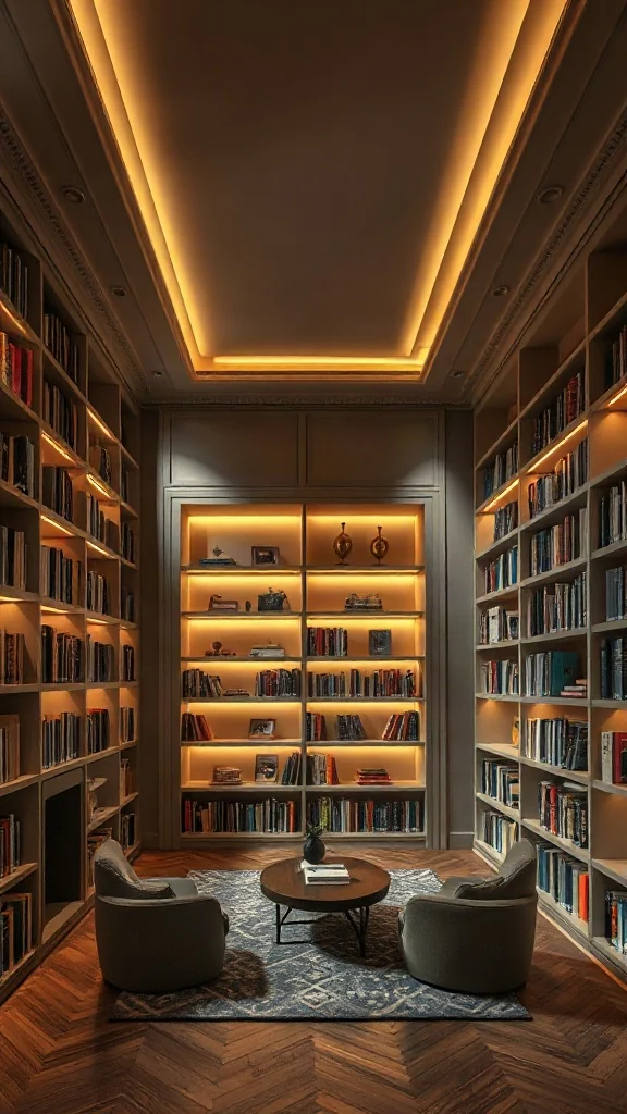 Ceiling-Recessed Perimeter Library Framing Floor-to-ceiling library built-ins seamlessly recessed into ceiling shadow reveal.