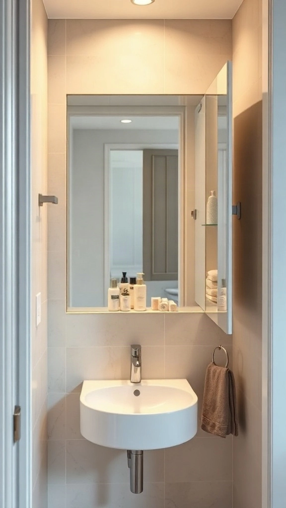 Recessed Medicine Cabinet Mirror with Hidden Side Cubbies Sleek frameless recessed medicine cabinet with concealed interior side shelving holding skincare bottles.