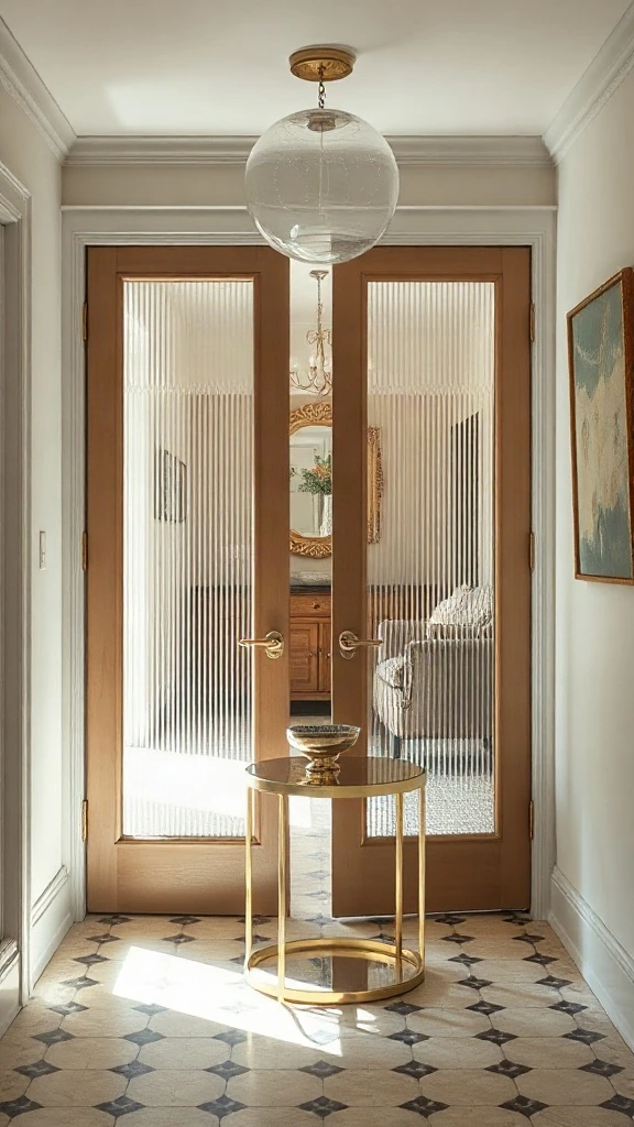 Reeded glass pocket doors enclosing an entry vestibule with a petite brass accent table.