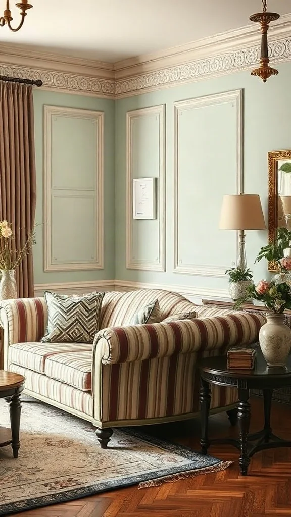 Regency Style Striped Silk Sofa and Matching Settee Traditional living room set showcasing a regency living room with vertical striped silk upholstery on a curved sofa and settee.