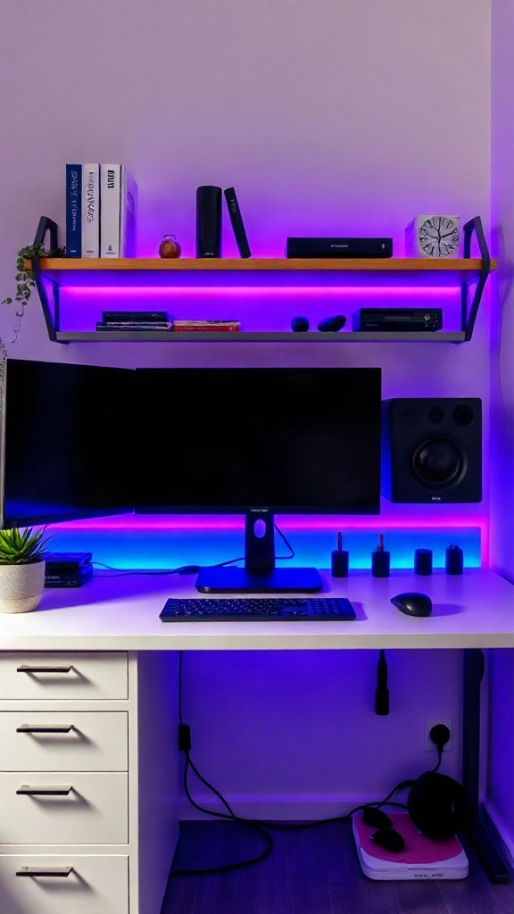 Hidden RGB LED strips glowing purple and blue under a minimalist white desk setup.