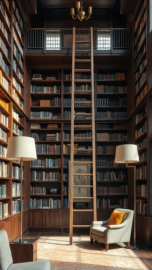 Ladder-Access High Wall Shelving Double-height dark walnut library with upper steel rail and tall rolling wooden ladder.