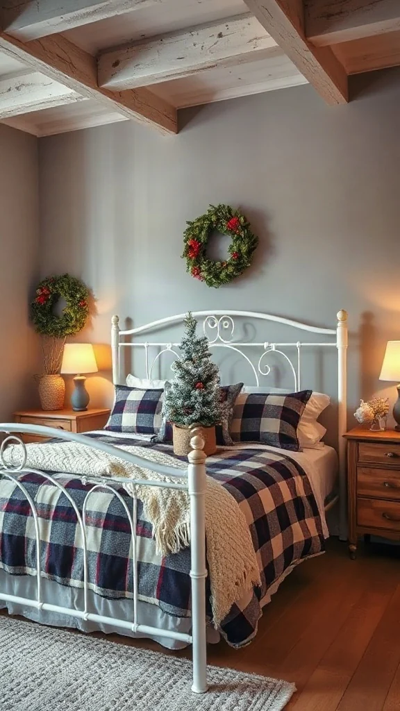 Rustic bedroom featuring a white iron bed, cozy plaid flannel duvet, and a frosted mini tree on a wooden nightstand.
