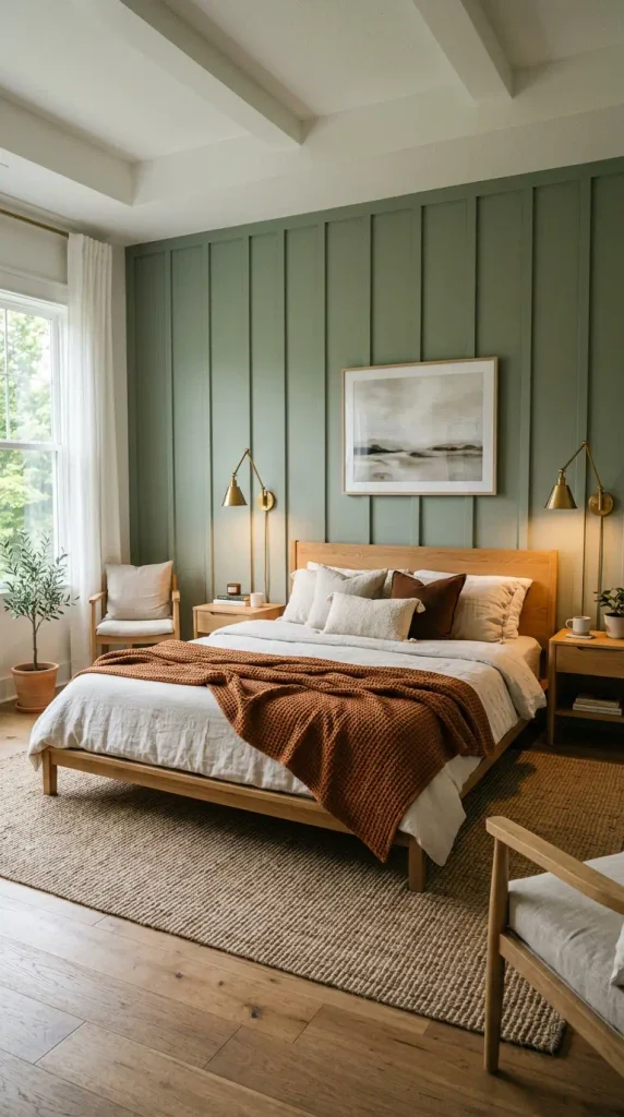 A serene bedroom featuring a floor-to-ceiling sage green board and batten accent wall behind a low wooden bed, flanked by brass swing-arm sconces with a burnt orange waffle throw folded across the foot of the mattress.