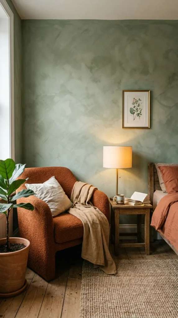 A cozy bedroom nook with a textured sage green limewash plaster feature wall, a burnt orange bouclé armchair, and a warm reading lamp.