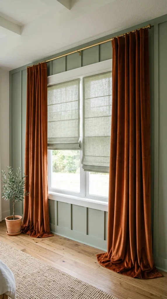 A bedroom window styled with pale sage linen Roman shades inside the frame paired with floor-length burnt orange velvet drapes hanging from a brass rod.
