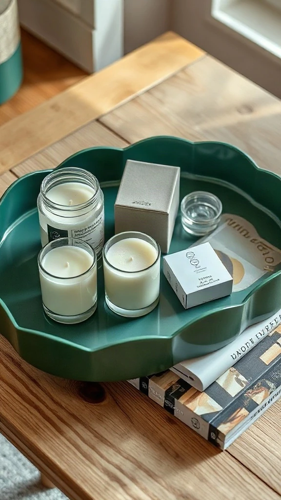 Glossy forest green scalloped lacquer tray holding scented candles and design books on a table