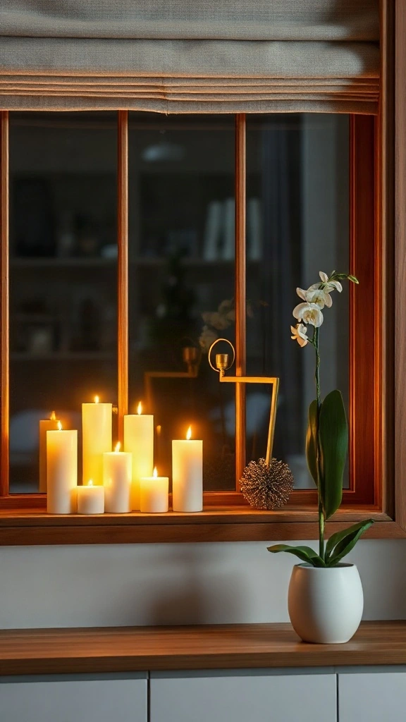 Sleek wooden window sill featuring elegant brass candle bridges casting a warm glow against dark evening glass.
