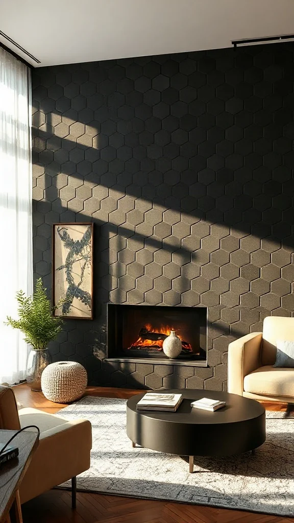 Sculptural 3D Hexagonal Matte Black Tiles Feature wall covered in 3D hexagonal matte black tiles projecting outward at different angles