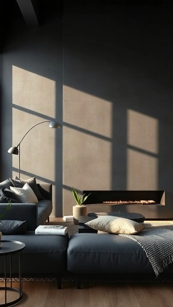 Seamless Black Microcement Finish Seamless matte black microcement accent wall in a minimalist loft living room with hand-troweled texture