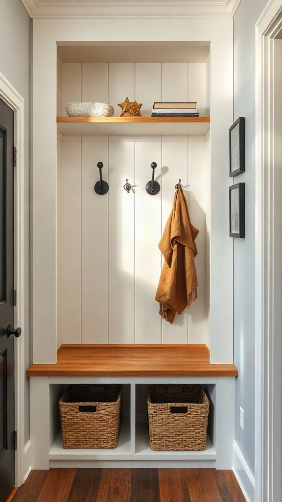 White vertical shiplap mudroom nook with integrated bench seating and woven catchall storage baskets.