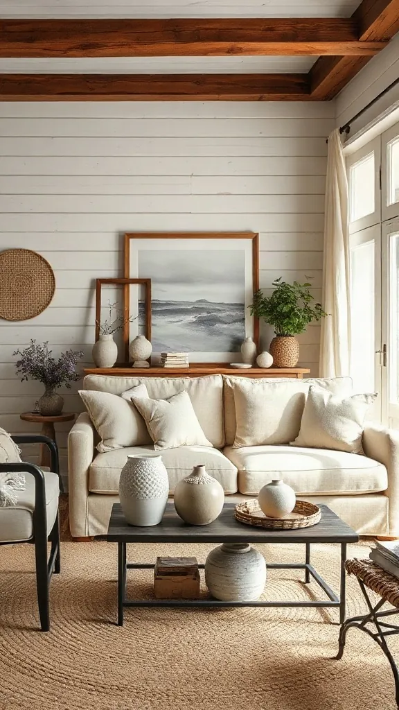 Simple Living Room Designs with Antique Pine Frames Traditional living room set featuring honey-toned antique pine frames and neutral cotton duck cushions.
