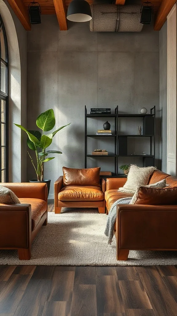 Simple Modern Living Room Ideas with Heritage Leather Traditional living room set featuring distressed cognac leather sofas and clean-lined wooden frames.