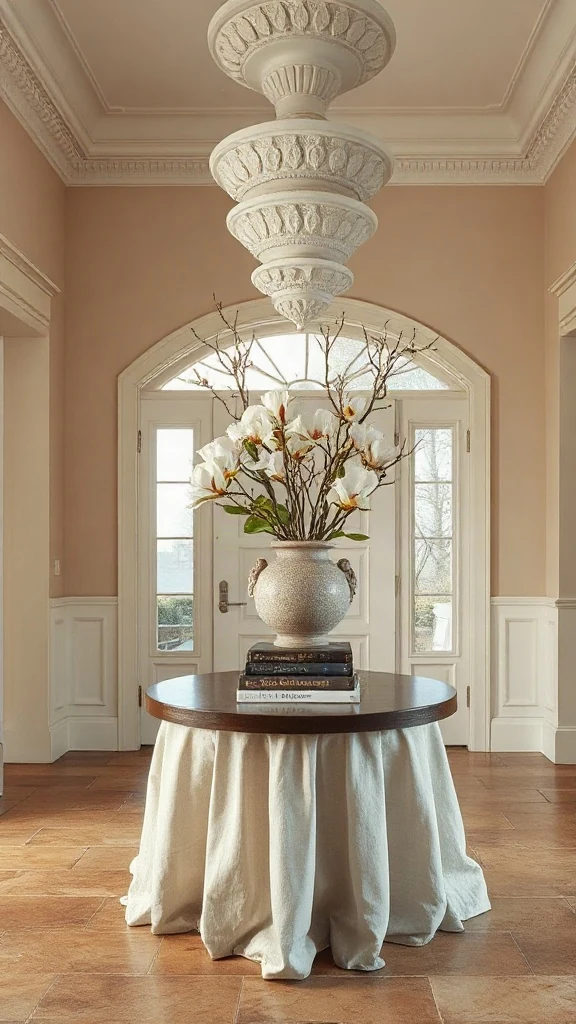 Round skirted Belgian linen center table beneath a sculptural plaster chandelier in a grand foyer.