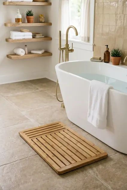 Cozy bathroom aesthetic with slatted bamboo bath mat on tiled floor next to modern bathtub with warm natural spa interior tones.
