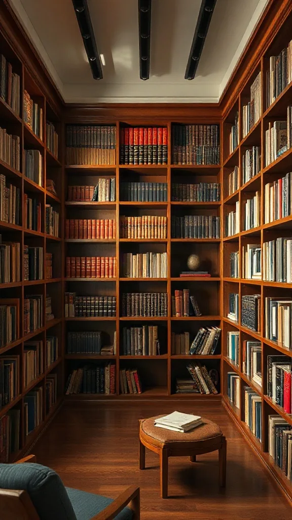 Sliding Track Bypass Bookcase System Double-depth sliding library system with walnut shelf modules gliding on brass tracks.