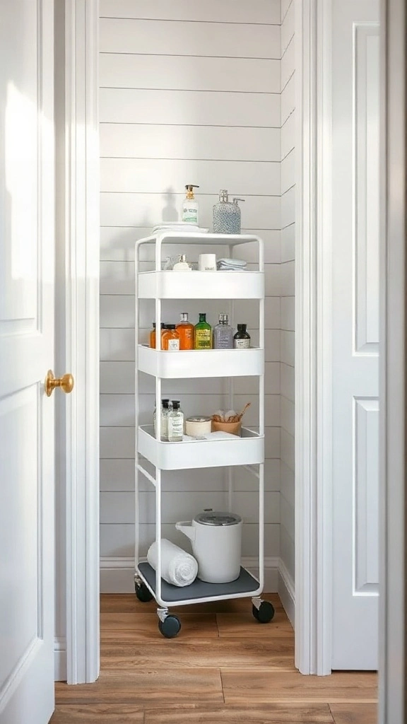 Slim Rolling Carts for Awkward Vanity Gaps Slim four-tier white rolling utility cart tucked into the narrow gap between a bathroom vanity and wall.