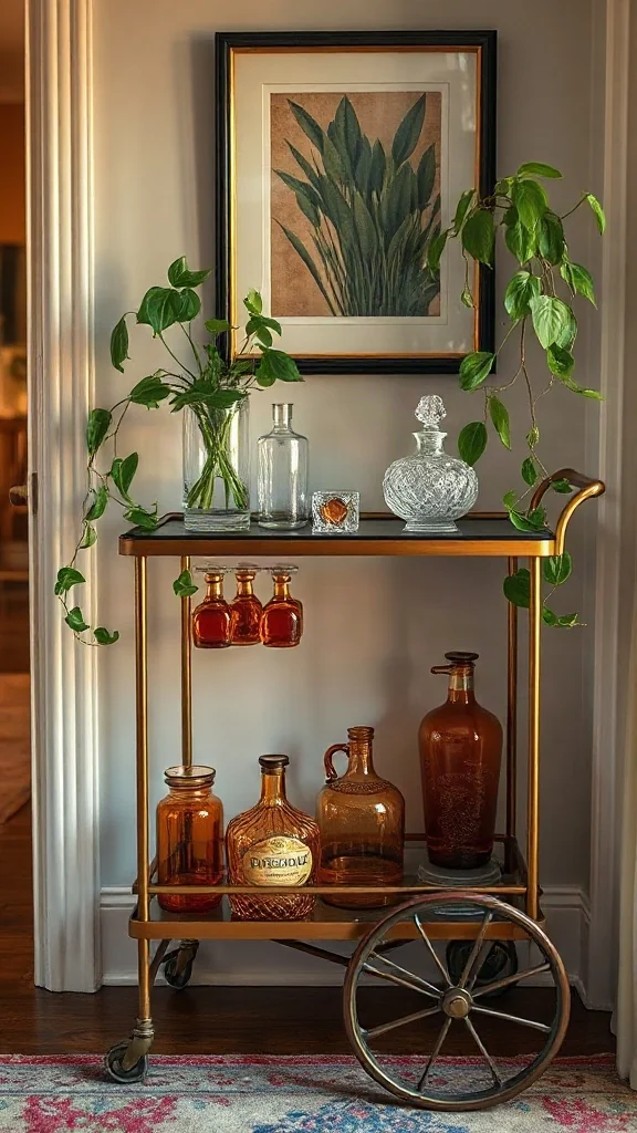 Vintage-inspired two-tier bar cart styled with amber glassware, crystal decanter, and pothos vine
