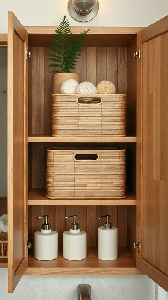 Stackable Bamboo Bins for Toiletries Natural bamboo storage bins stacked inside an open maple wood cabinet filled with toiletries.