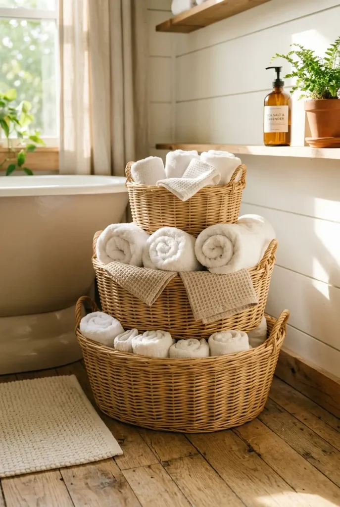 Cozy bathroom aesthetic with stacked wicker baskets holding rolled towels on bathroom floor in warm sunlight.