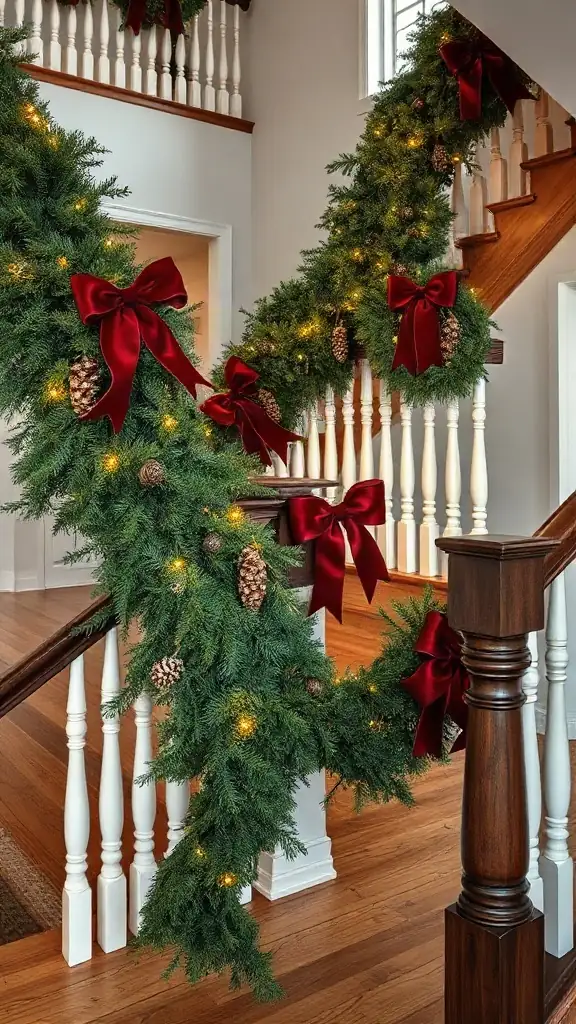Grand wooden staircase banister wrapped in lush evergreen pine garland with rich burgundy velvet bows.