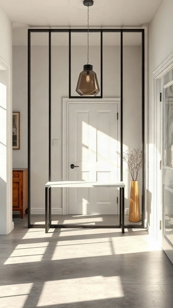 Black steel-framed fluted glass partition with a slim marble ledge defining an entry foyer.