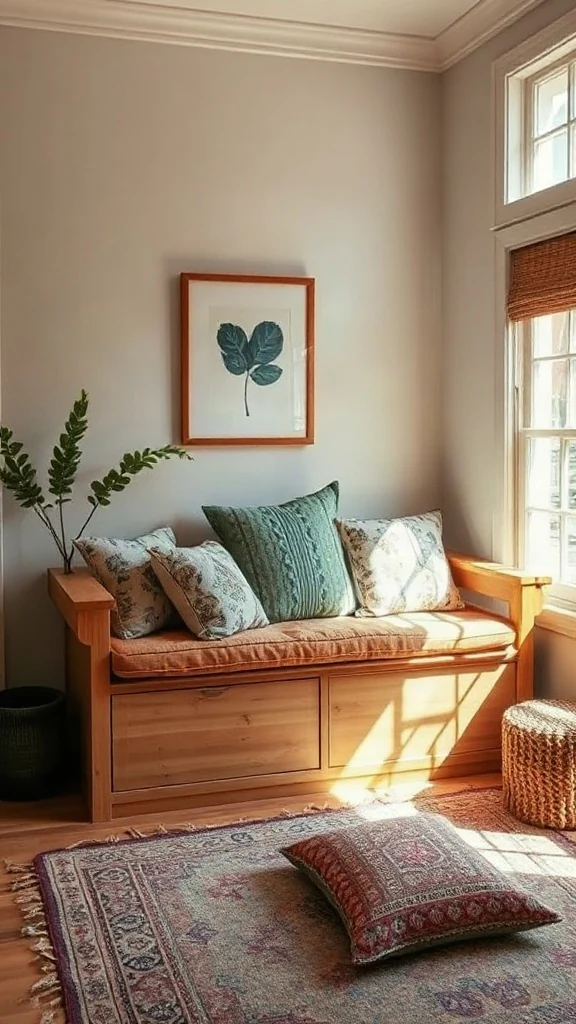 The Sun-Drenched Daybed Alcove Built-in wooden daybed in a sunlit window alcove with mismatched block-printed throw pillows.