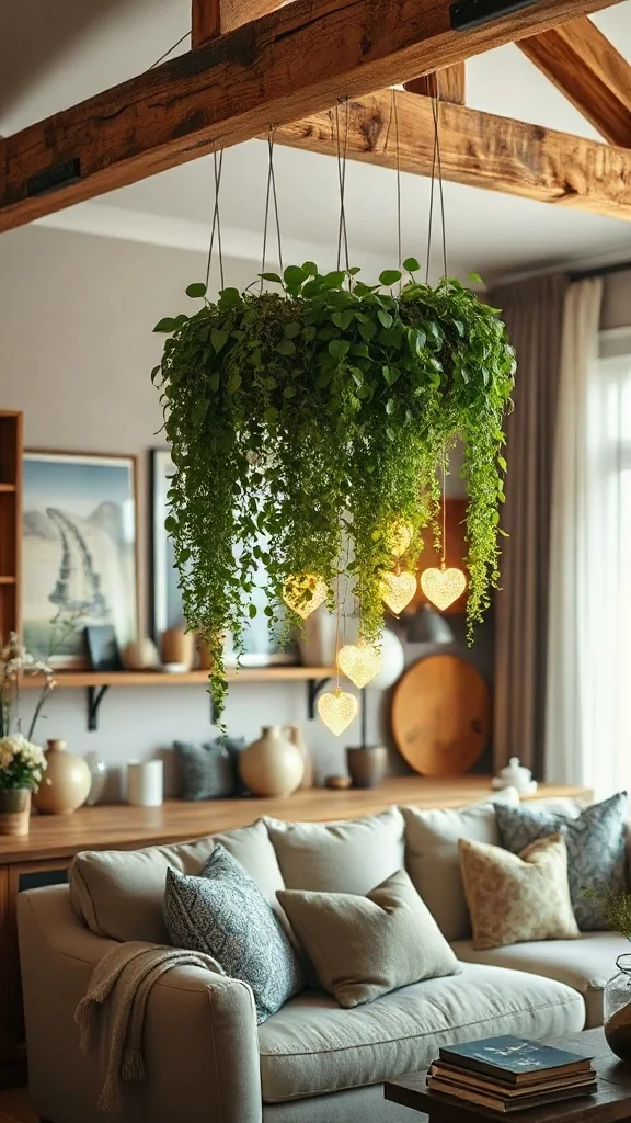 The Suspended Botanical Ceiling Canopy Suspended wooden beam above a sofa holding overflowing pothos and trailing greenery.
