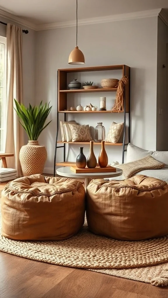 The Moroccan Leather Pouf Cluster Pair of tan stitched Moroccan leather poufs placed on a woven jute rug near a low coffee table.