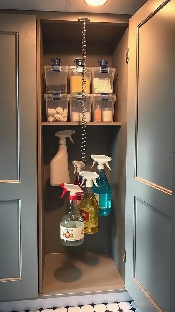 Tension Rod Dividers for Cleaning Sprays Vertical spring-loaded tension rod installed inside a tall cleaning cabinet holding spray bottles by their triggers.