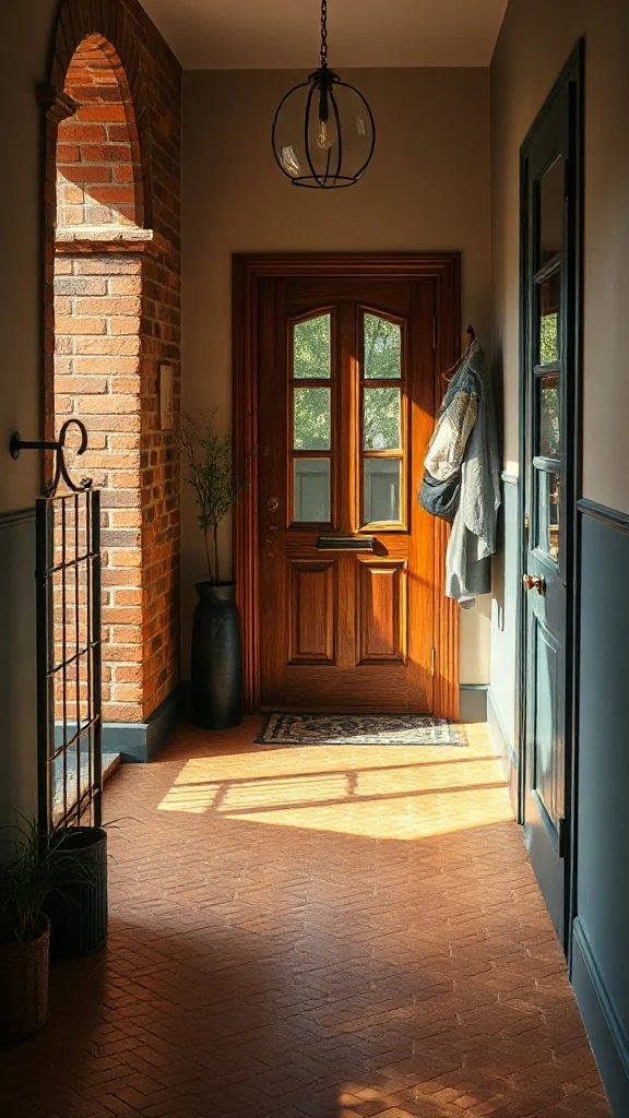 Sunken entryway vestibule with hexagonal terracotta floor tiles and matte black wrought iron accents.