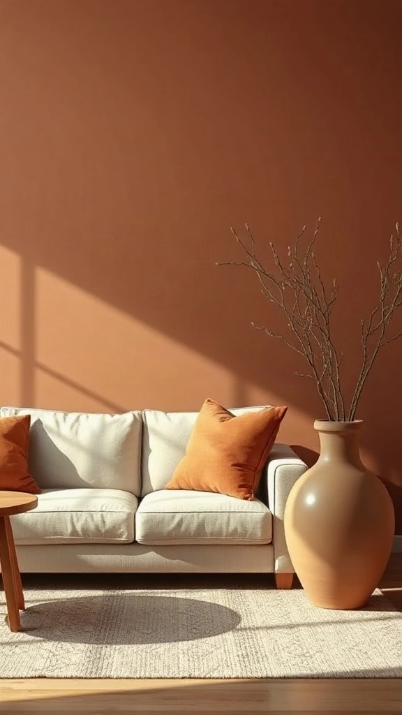 Earthy Terracotta Accents Soft terracotta wall behind a cream linen sofa adorned with rust-colored accent pillows and a clay vase.